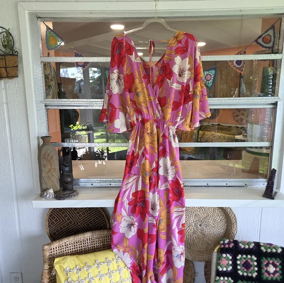 Easel Small Pink Jumpsuit Vibrant Tropical Wide Leg Palazzo Style Vacation - Picture 7 of 11